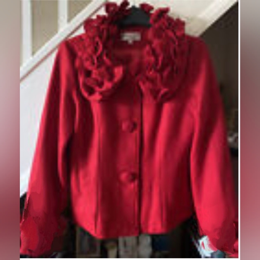 RED CORAL* 100% boiled wool ruffled collar long sleeve a line button front jacke
